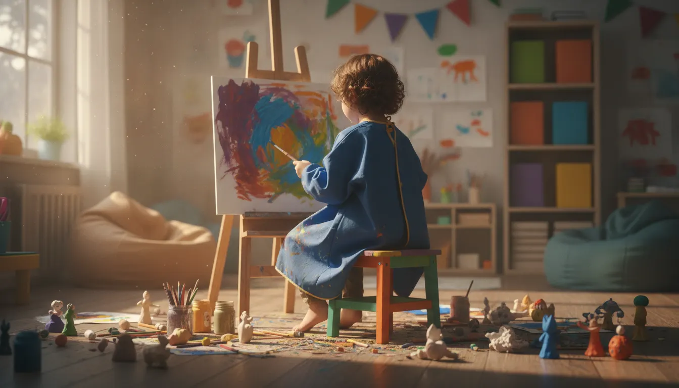 Crianças em atividades de arteterapia, em ambiente colorido e alegre