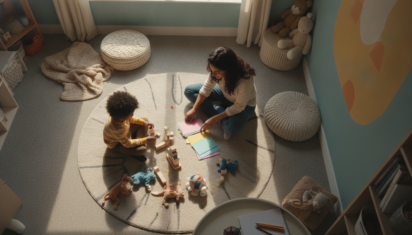 Terapia TDA: Como Ela Pode Transformar a Vida do Seu Filho 4 terapia TDA — A child sitting in a cozy therapy room, engaging with a therapist, bright and inviting atmosphere