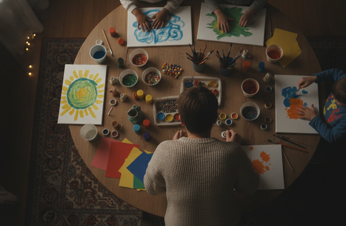 Terapia TDA: Como Ela Pode Transformar a Vida do Seu Filho 5 A group of children in a therapy session, engaging in art activities, vibrant and colorful setting