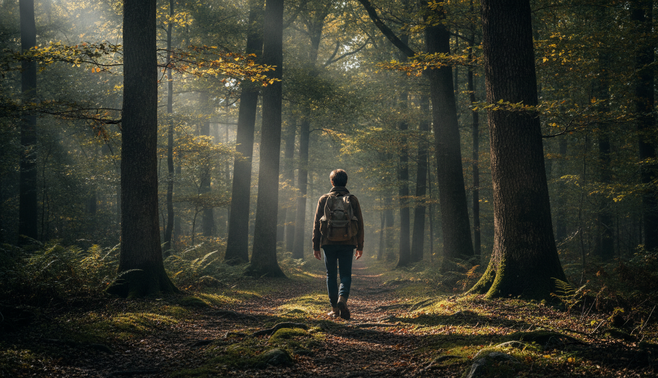natureza e saúde mental — a serene forest path with sunlight filtering through the trees, capturing the peaceful essence of nature