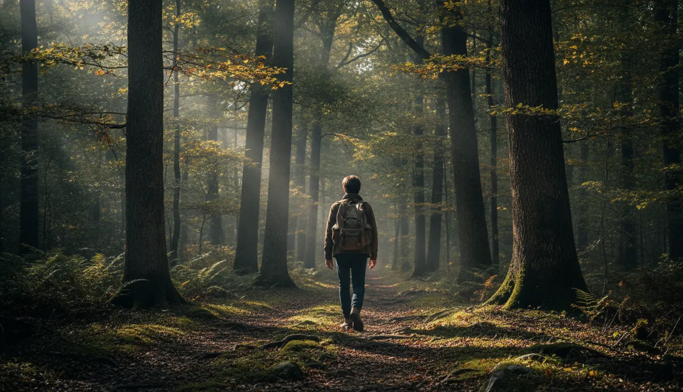 Natureza e saúde mental: caminho sereno em uma floresta com a luz do sol filtrada pelas árvores