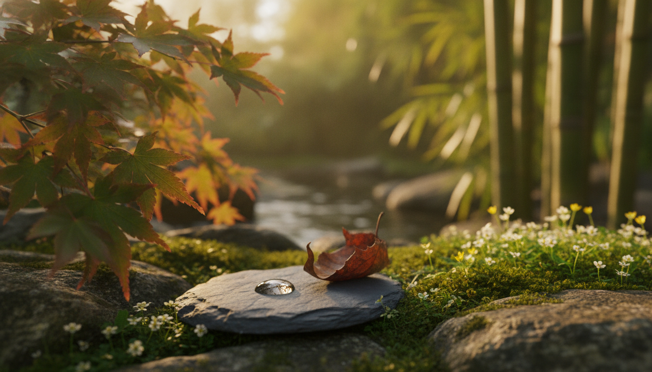 psicologia positiva — A peaceful garden scene with people practicing mindfulness, natural light, and a calming atmosphere