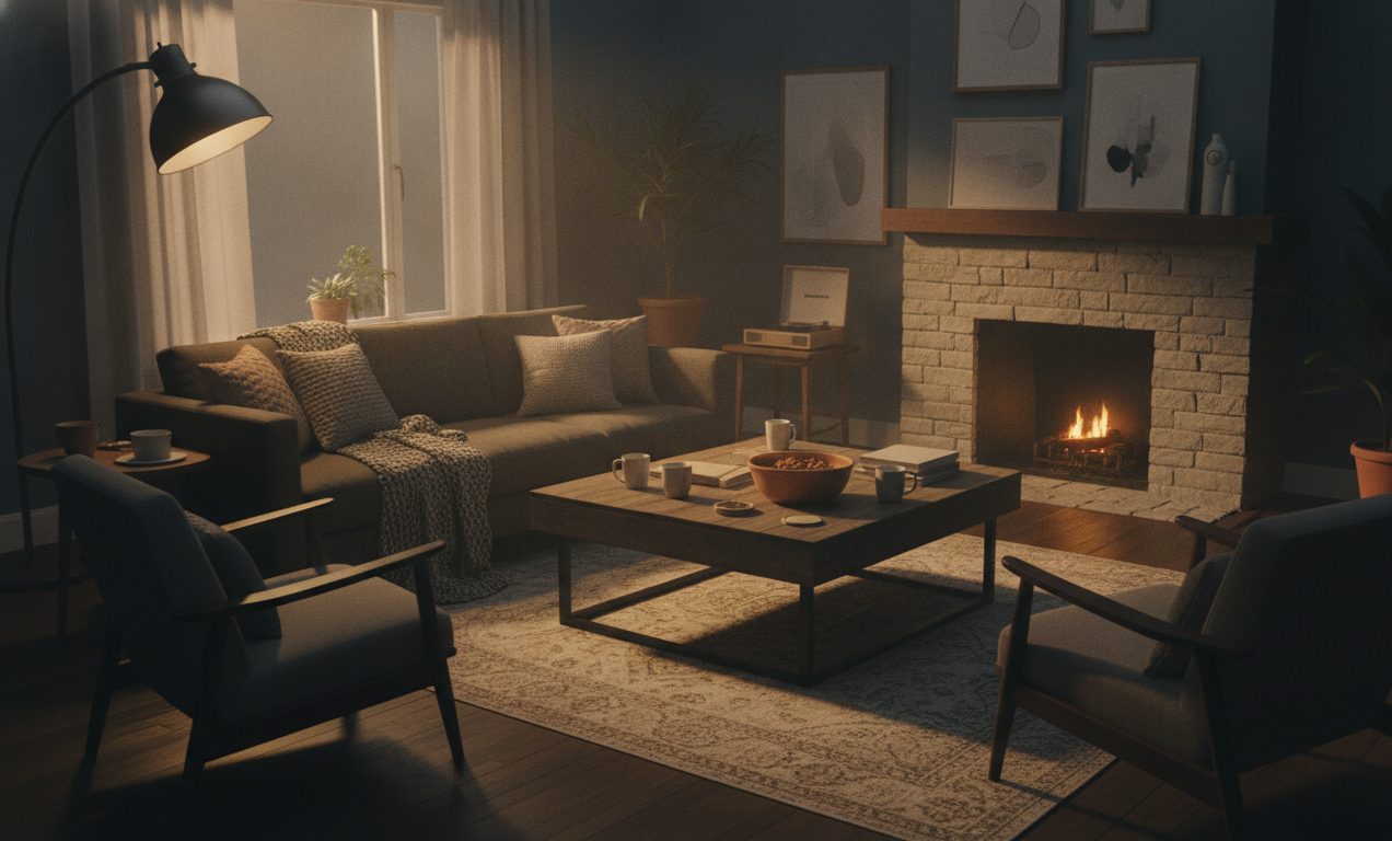 A cozy living room with people engaging in a group discussion, warm lighting, and a welcoming atmosphere