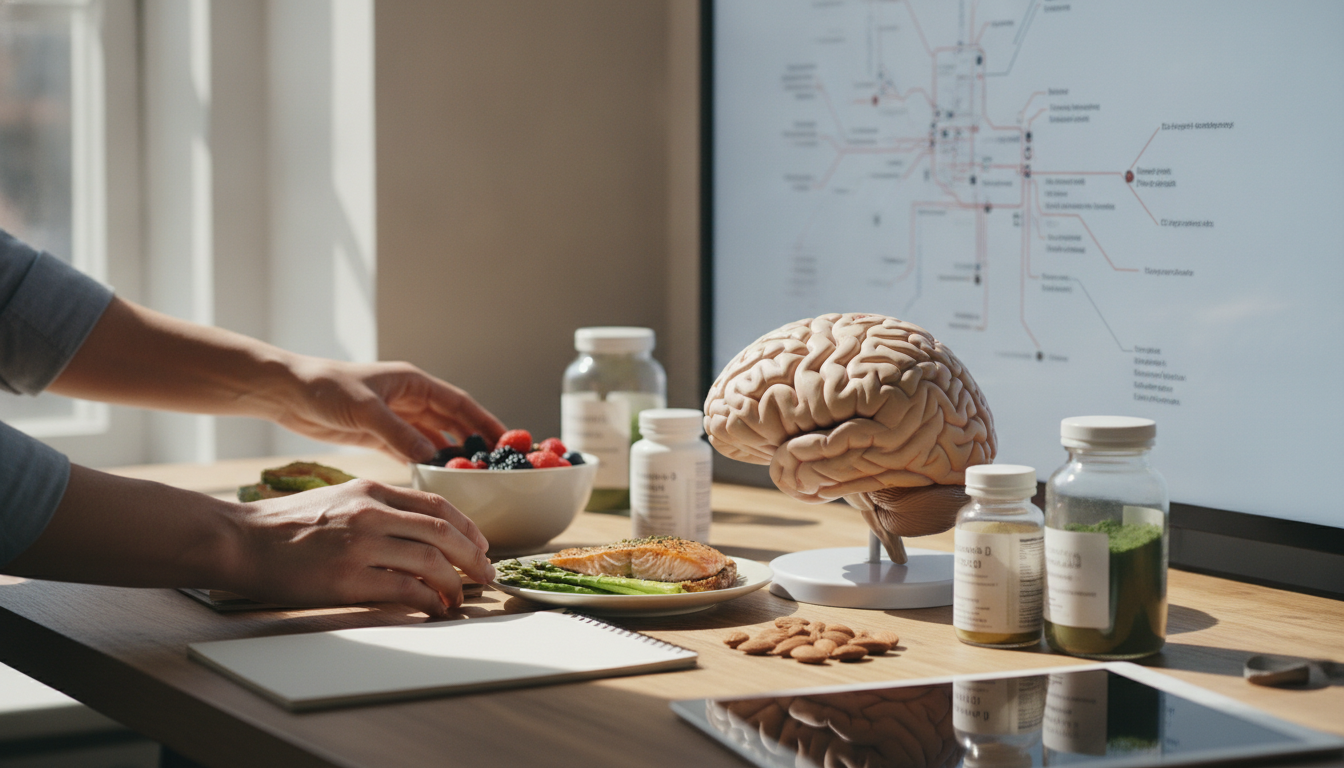 Nutrição Saúde Mental: Entenda a Conexão Importante 3 nutrição saúde mental — A nutritionist's desk with various healthy foods, supplements, and a brain diagram, in a bright, inviting atmosphere