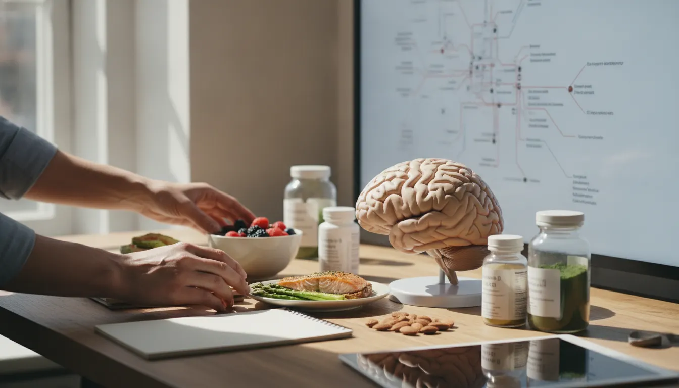 Nutrição e saúde mental: mesa de nutricionista com alimentos saudáveis, suplementos e diagrama do cérebro