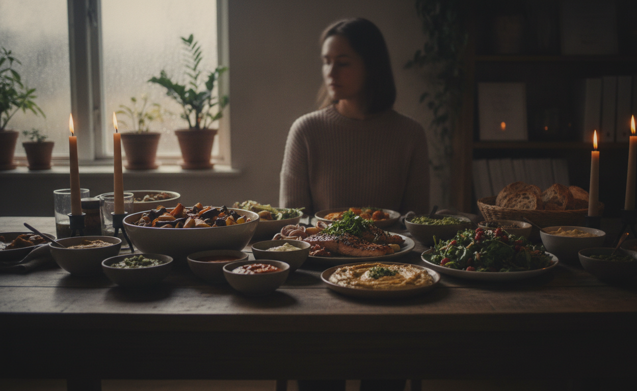 Nutrição Saúde Mental: Entenda a Conexão Importante 4 A family dining table with colorful, healthy dishes, natural light filtering through a window, and a peaceful ambiance