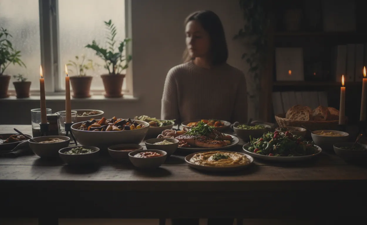 Mesa de refeição em família com pratos saudáveis e coloridos, luz natural entrando pela janela e clima tranquilo