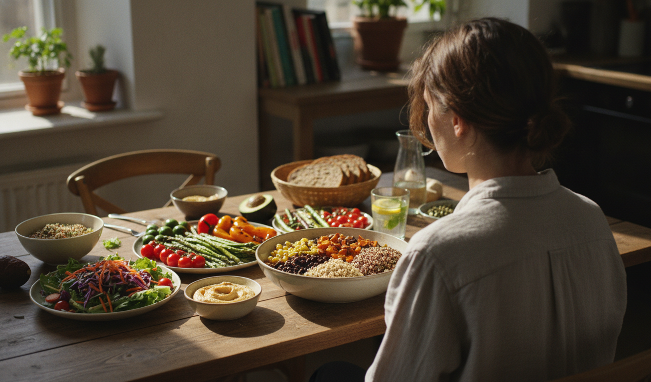 Transtorno de Humor: Abordagens Modernas e Eficazes 4 A vibrant and healthy meal on a wooden table, showcasing colorful vegetables and grains, natural lighting, professional photography style