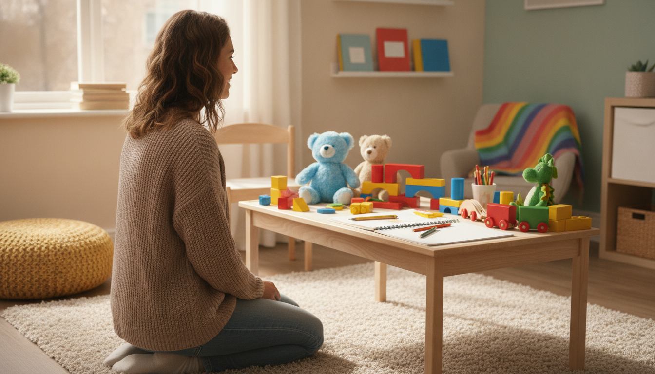 Terapia Infantil Bastidores: O Que Você Precisa Saber 2 terapia infantil bastidores — A cozy therapy room for children with colorful toys and a friendly therapist, professional photography style