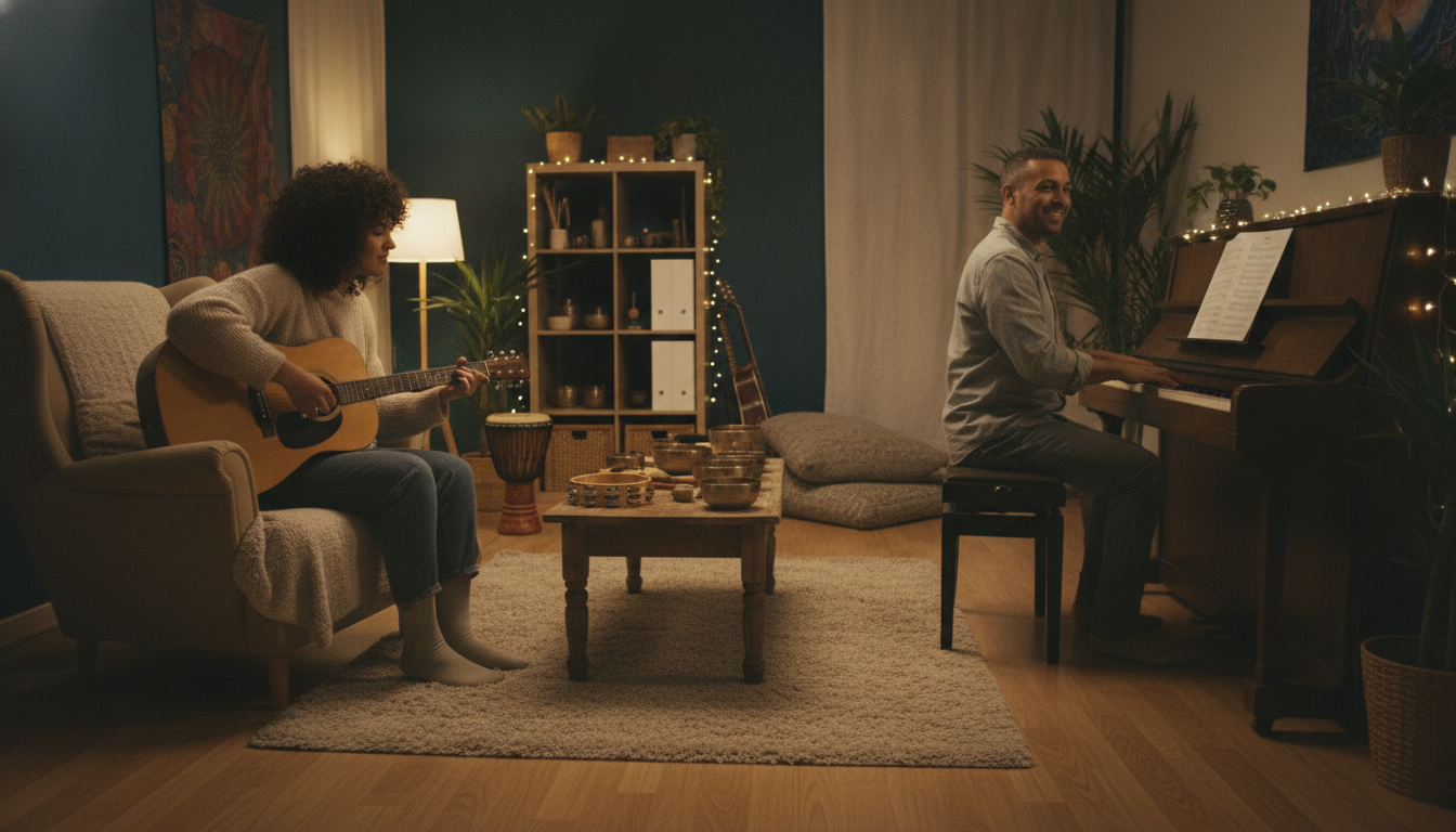 musicoterapia saúde mental — A cozy therapy room with a guitar, a piano, and various percussion instruments, soft lighting, inviting atmosphere