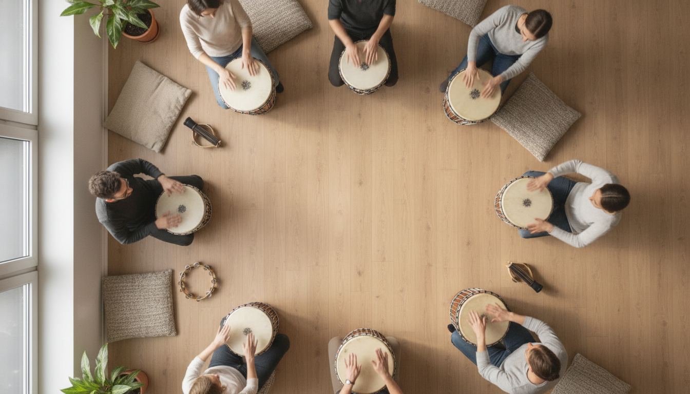 A group therapy session with people playing drums and smiling, bright room, professional setting