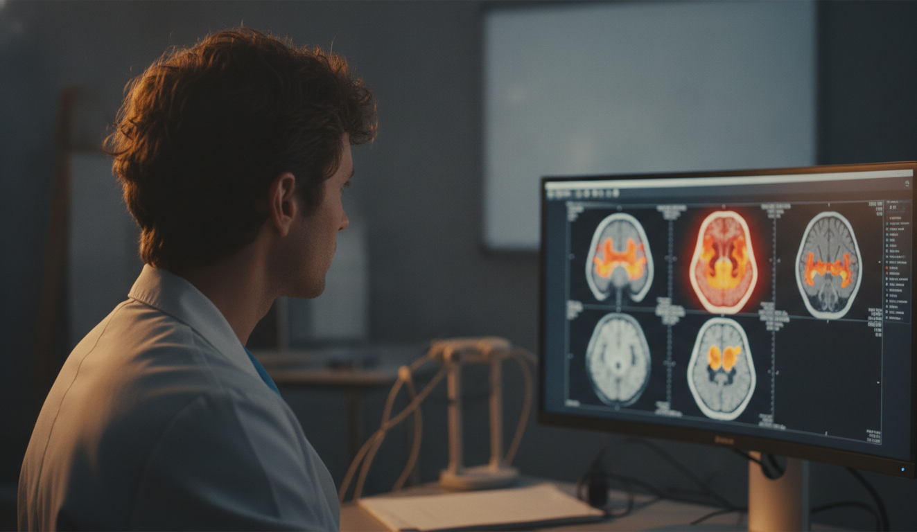 Neurociência Ansiedade: Superando Desafios Mentais 3 neurociência ansiedade — A brain scan showing highlighted areas related to anxiety, in a clinical setting, with doctors analyzing the images