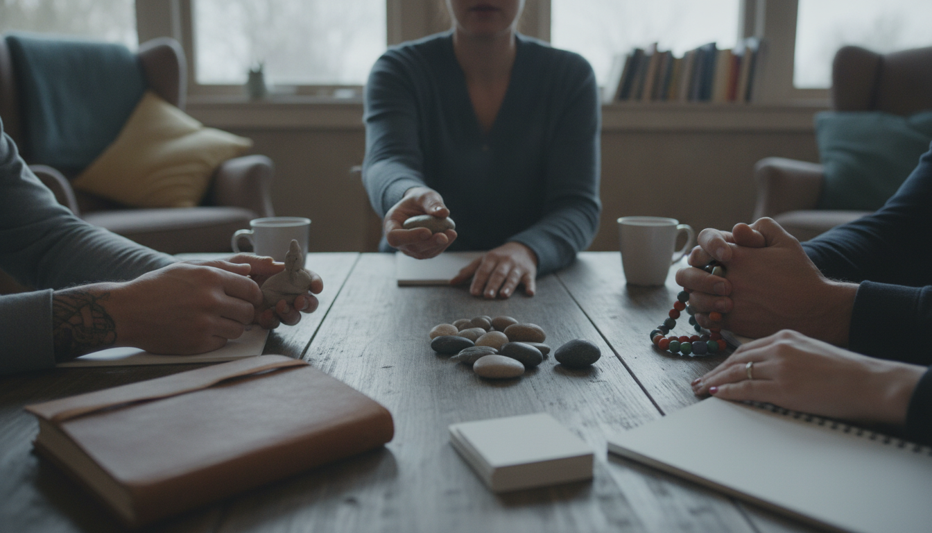 Neurociência Ansiedade: Superando Desafios Mentais 4 A group therapy session with diverse people, in a warm and welcoming environment, with a therapist guiding the discussion